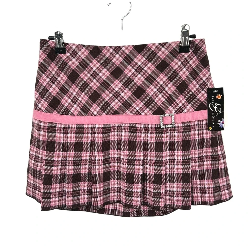 Y2K Plaid‎ Mini Skirt XL Pink Brown Pleated Coquette Preppy Mallcore Schoolgirl